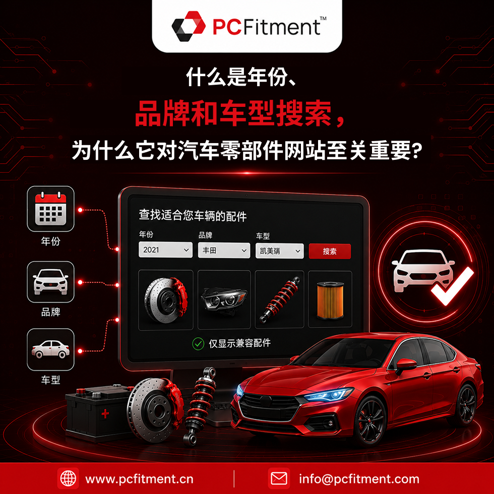 这是汽车电商网站上用于“年份、品牌、车型”搜索工具的示意图,旨在帮助客户快速查找与车辆匹配的零部件,减少适配错误,并提升购物体验。